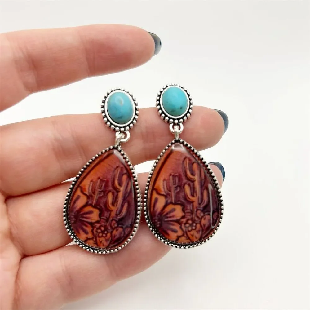 Southwestern Cactus Floral & Faux Turquoise Stud Teardrop Dangle Earrings